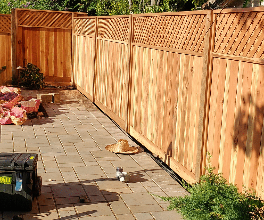 A custom wooden gate installed in a Santa Clara home, part of a full backyard fencing project.